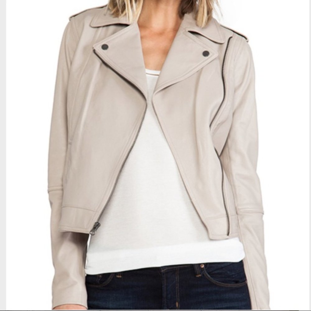 Vince Stone Taupe Gray Leather Moto Jacket L